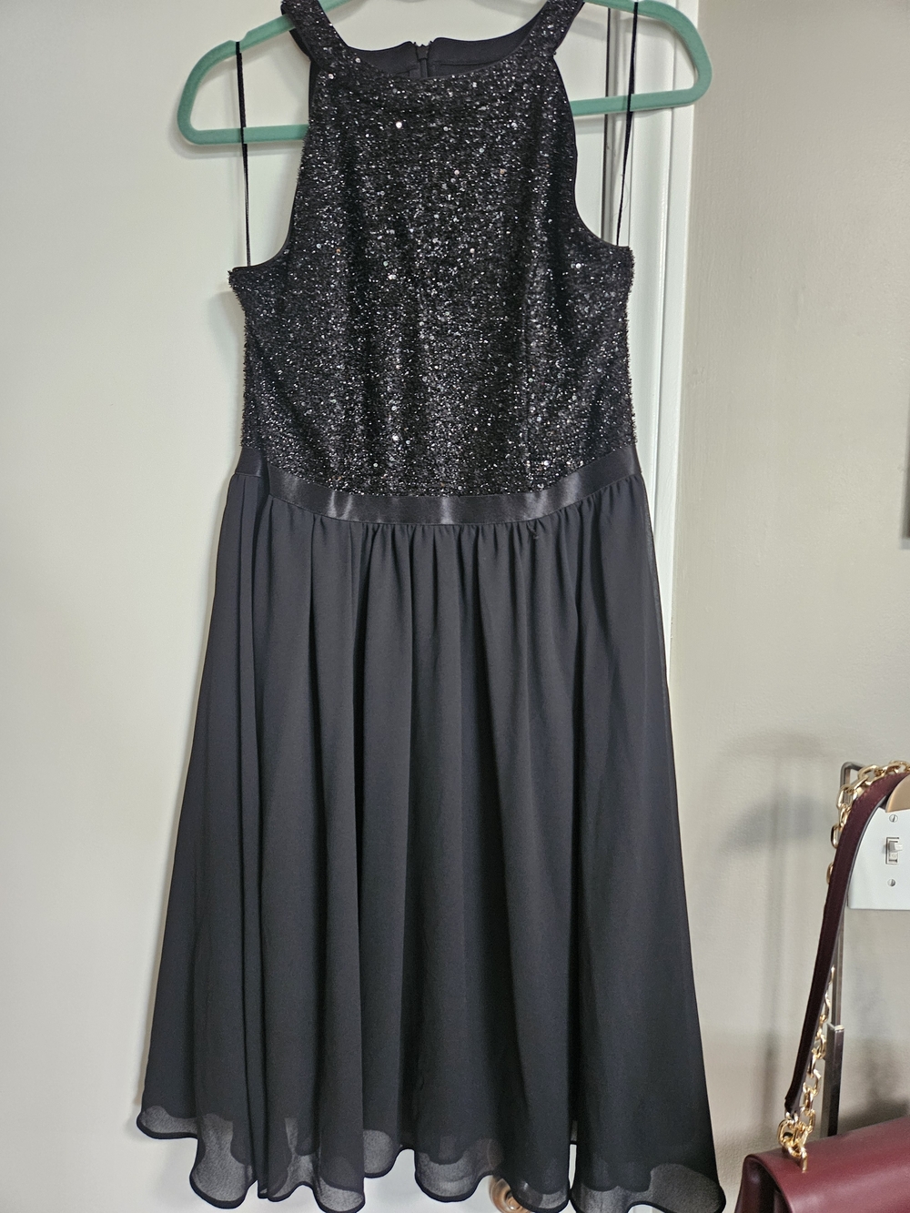 Black Sequin Bodice Midi Dress with Chiffon Skirt